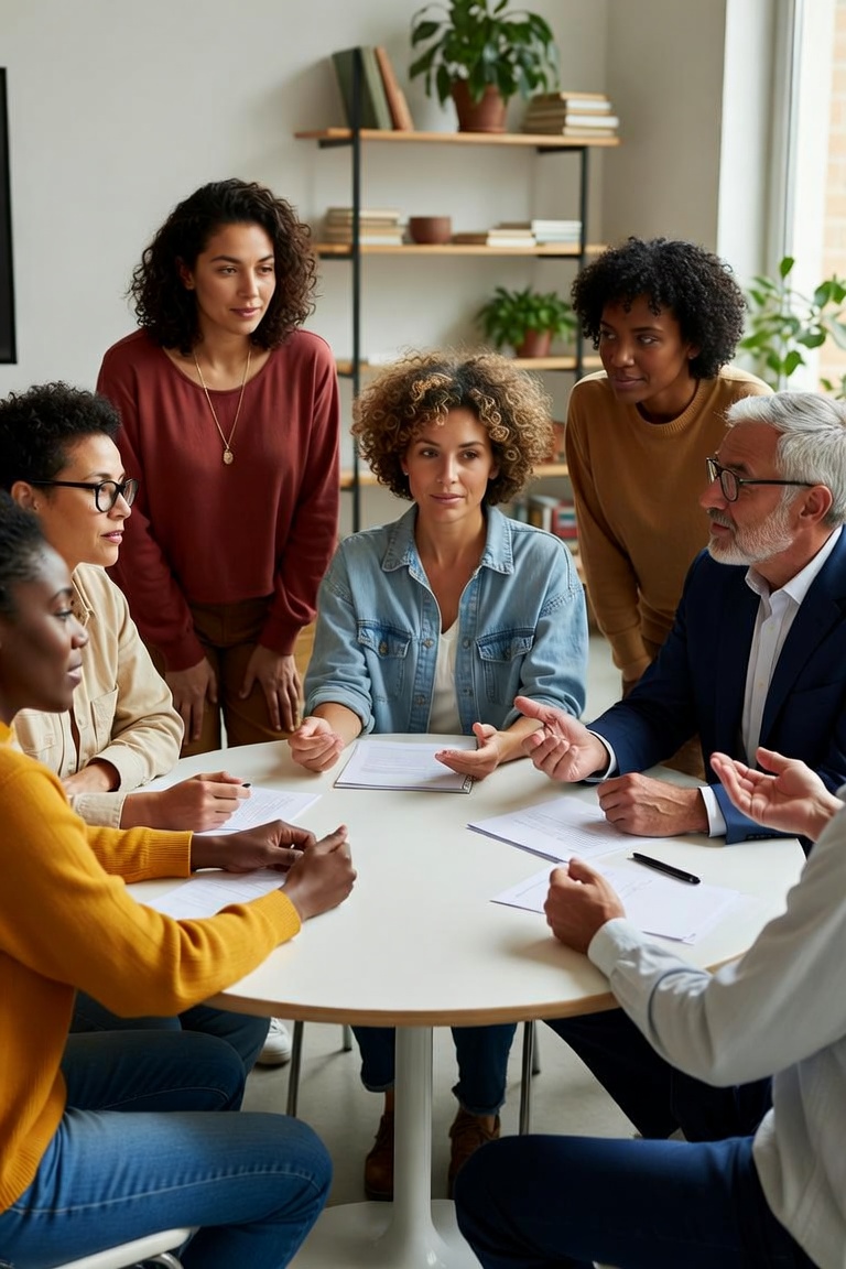 A diverse accountability board engaged in a thoughtful discussion