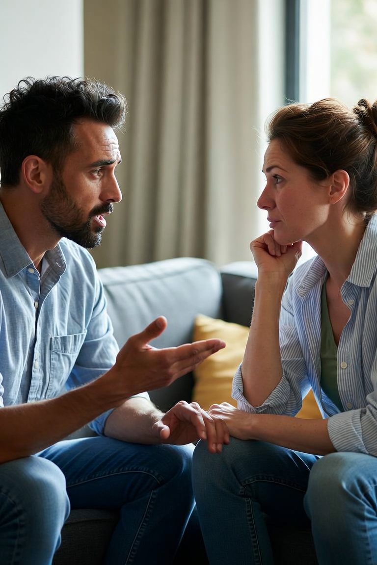 A couple having a serious and thoughtful conversation
