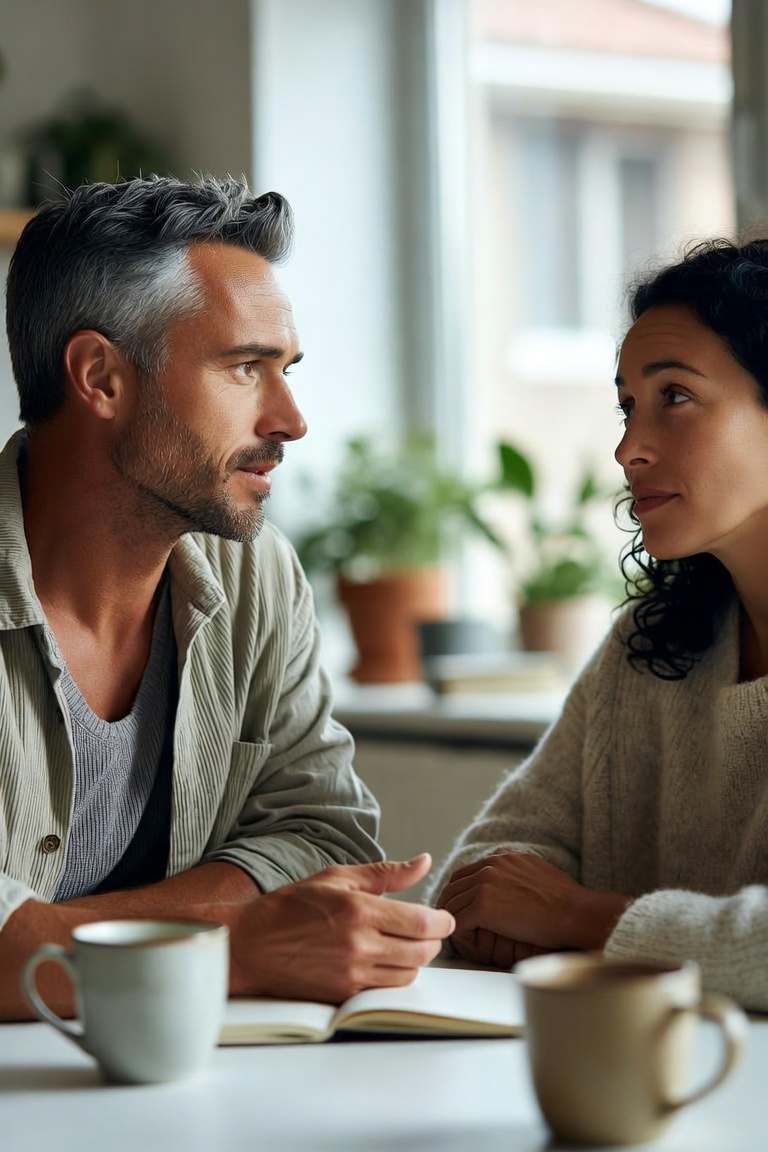 A couple having a thoughtful conversation over an open notebook