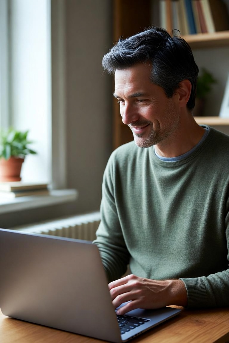 A man participating in an online conversation from home