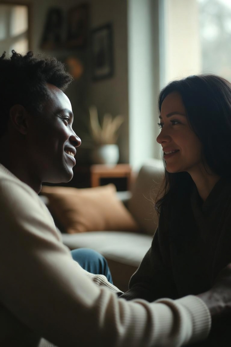 A couple sharing a warm, connected moment at home