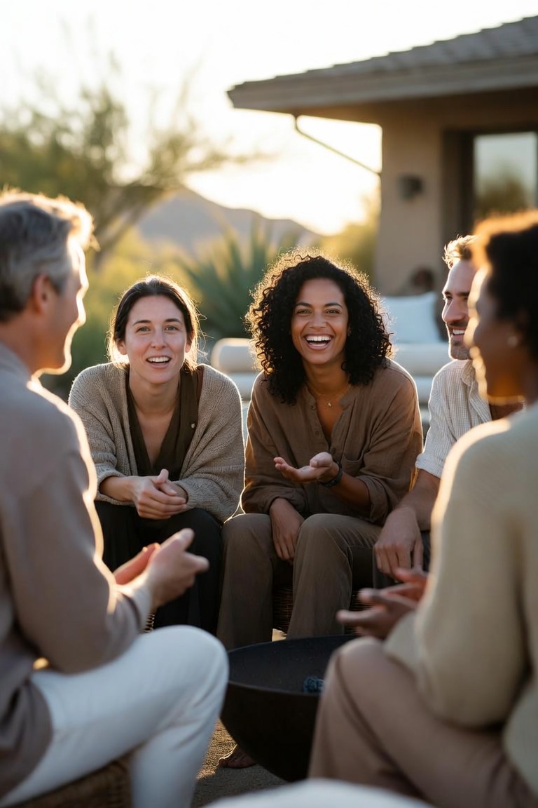 Five adults sharing a warm conversation at an outdoor retreat