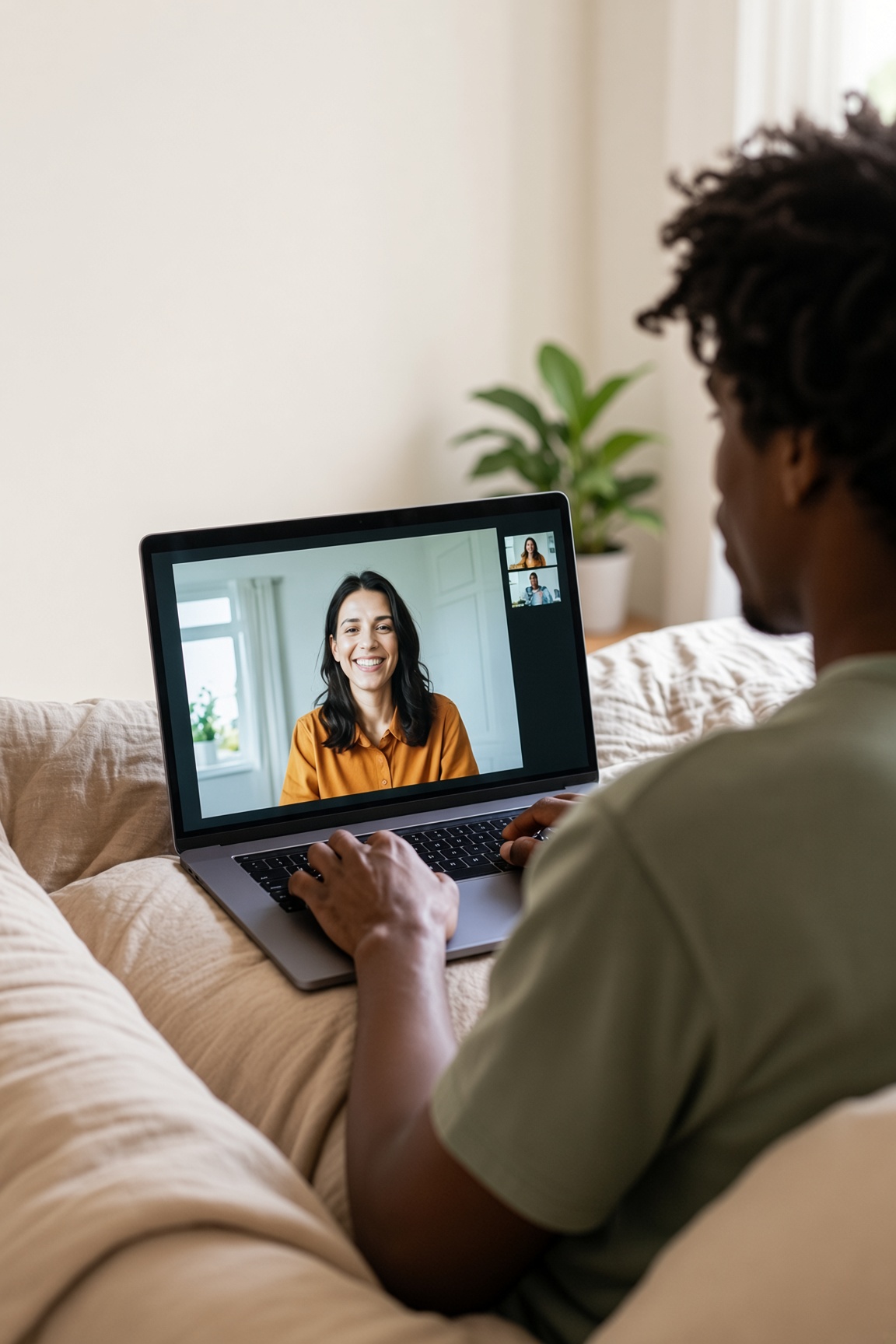 A participant attending a live online workshop with an instructor visible on their laptop