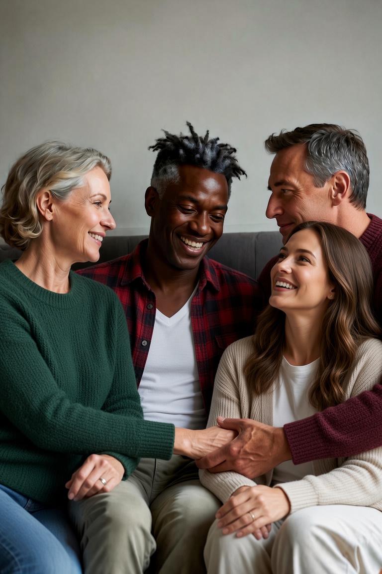 Four adults sharing a warm conversation together