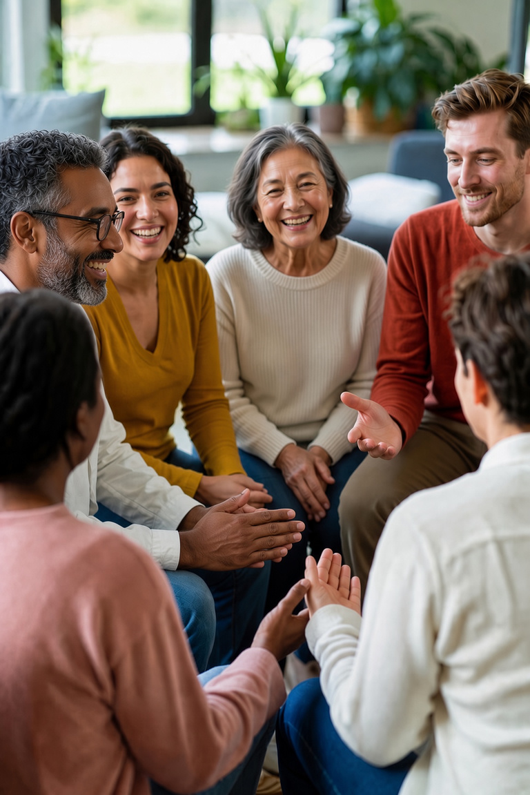 A diverse group sharing a warm conversation at a relationship retreat