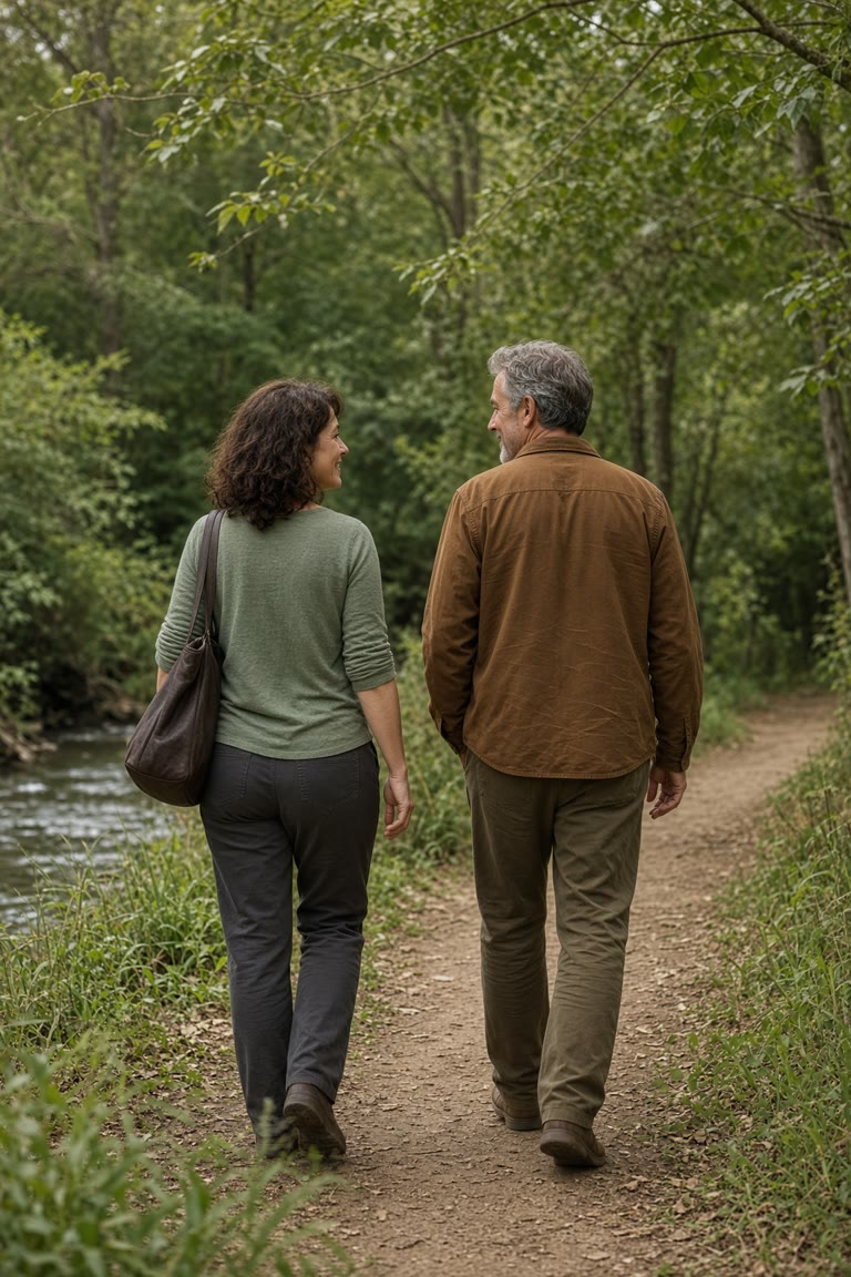 A couple walking together along a wooded path beside a creek