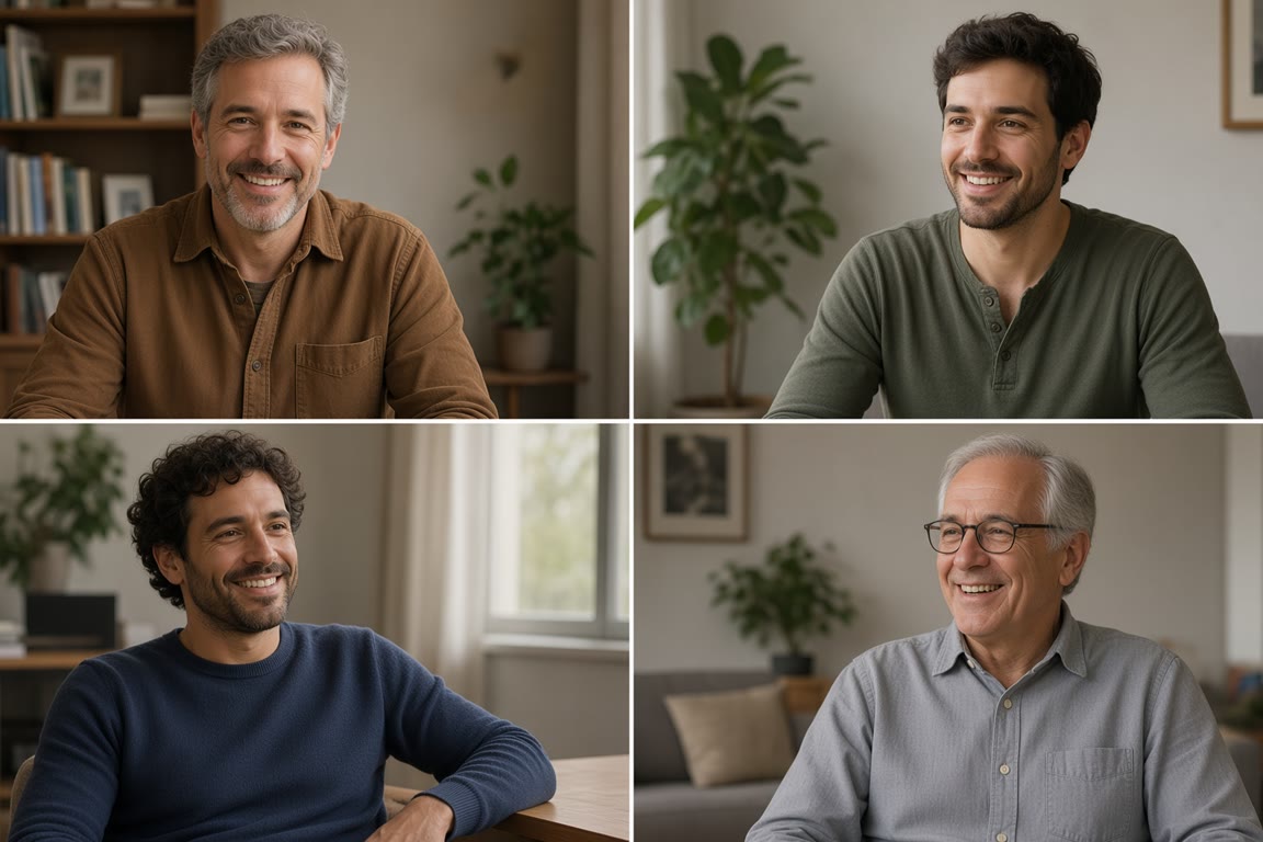 Four men connecting through an online peer group