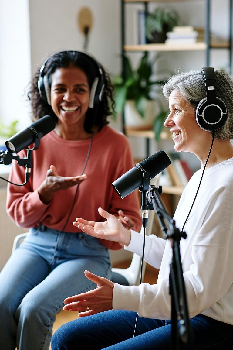 Two women sharing a lively conversation while recording a podcast