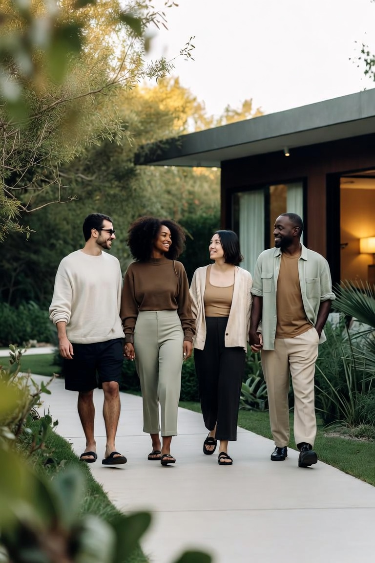 Four friends walking together along a garden path