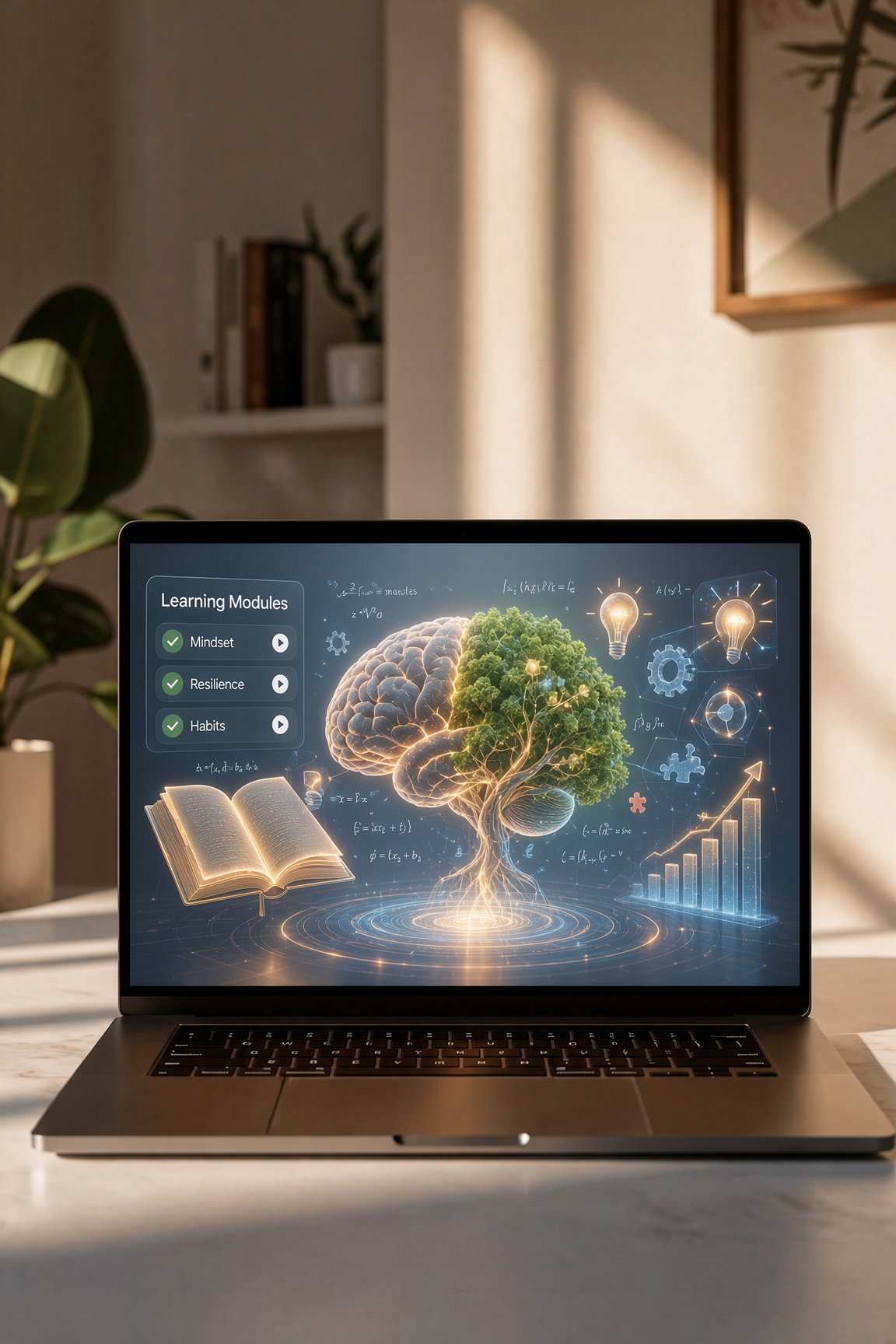 Online learning modules displayed on a laptop in a warm home workspace