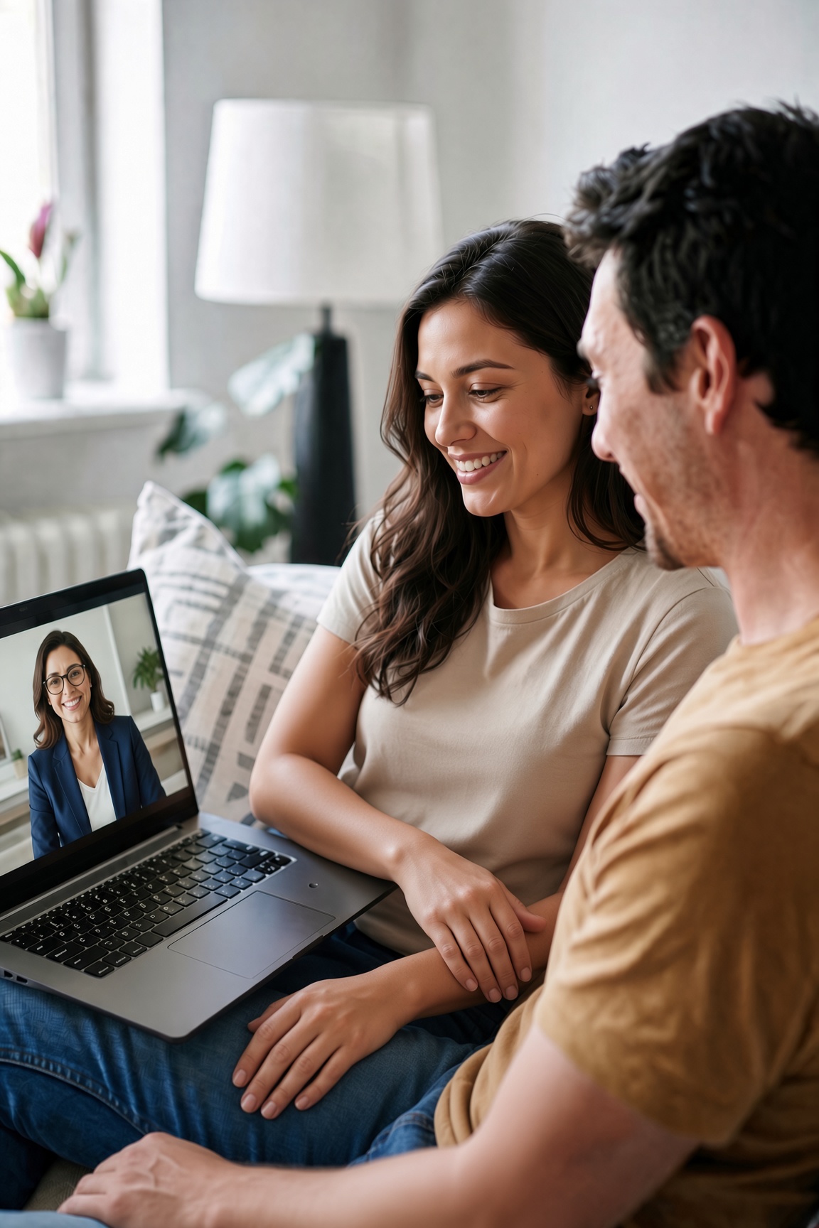 A couple participating in an online relationship coaching session